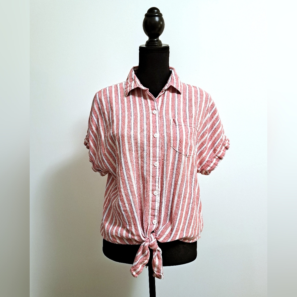 Women's Red and White Striped Knot Tie Blouse, Size M